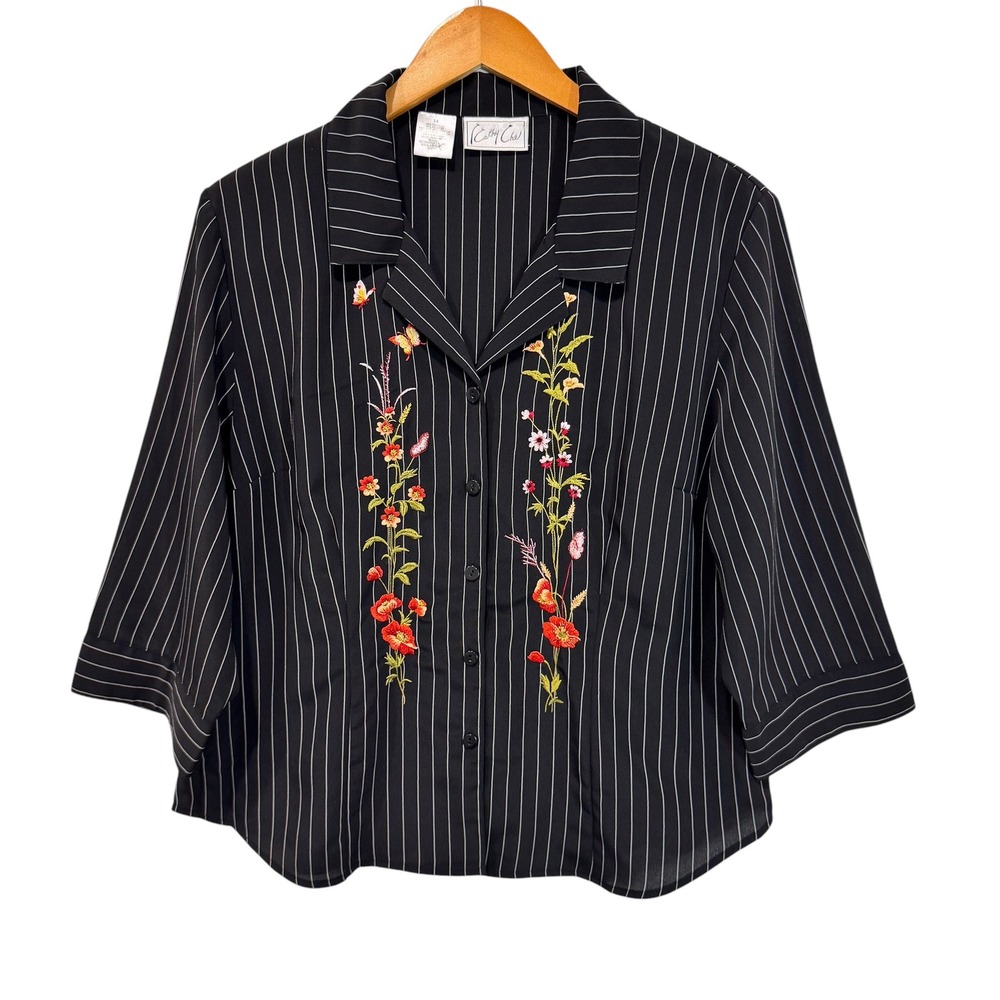 Cathy Che Blouse Women 14 Black Pinstripe Floral Embroidery 3/4 Sleeve Button Up